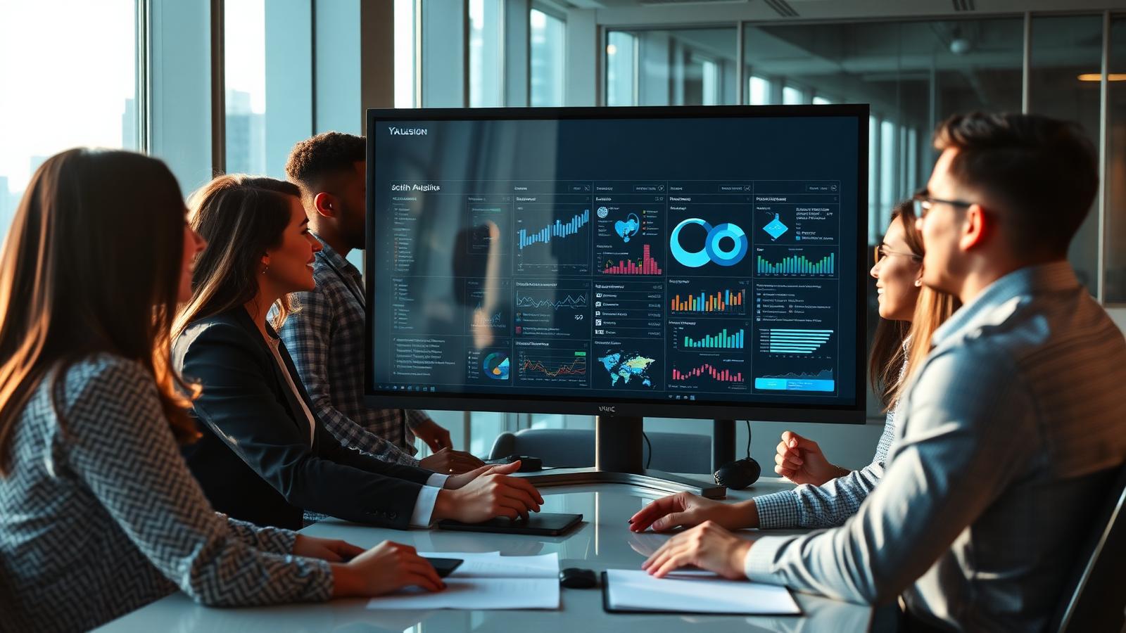 DENC consulting team reviewing analytics dashboards in a Raleigh office